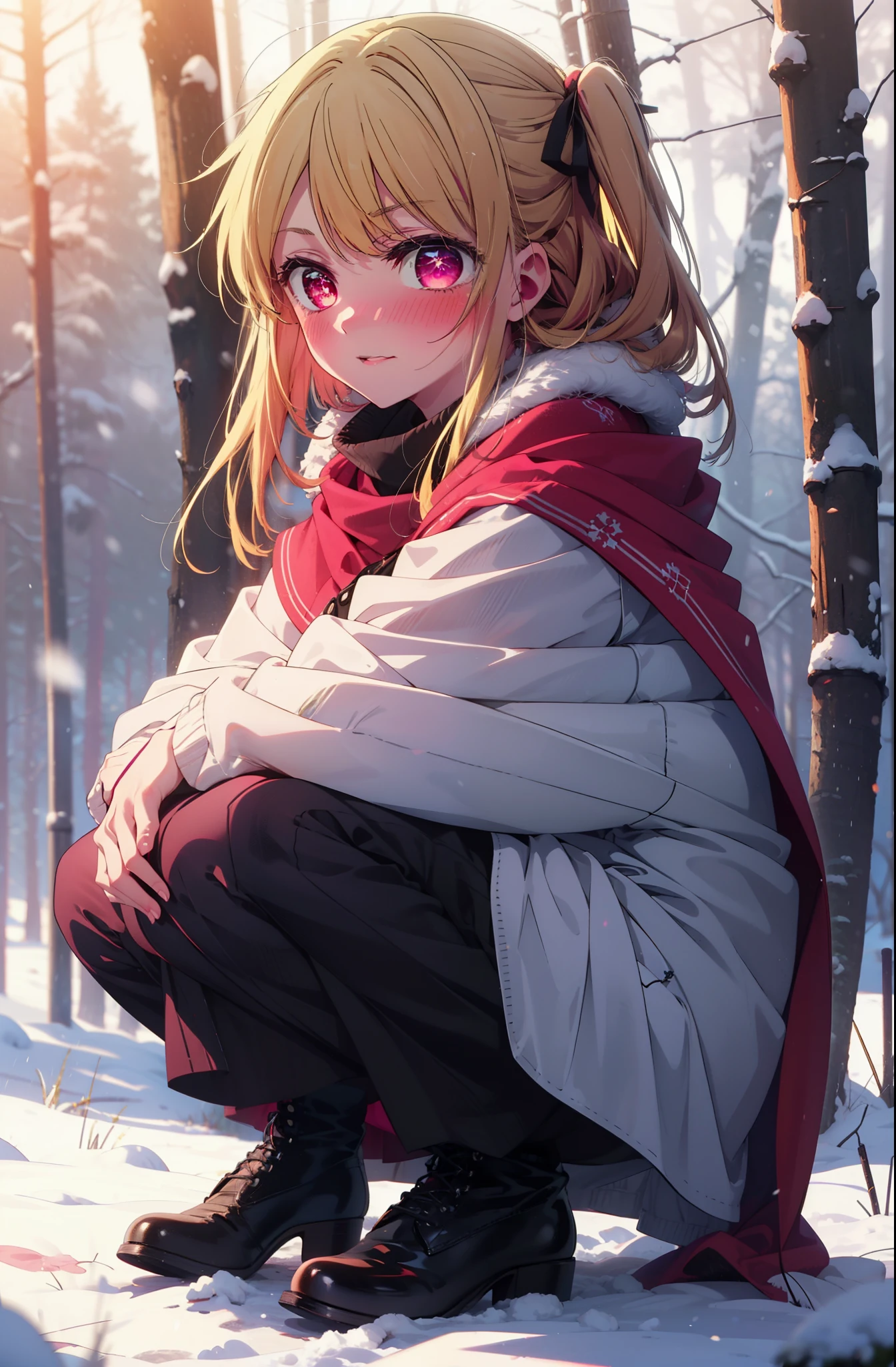 rubyhoshino, Hoshino Ruby, Long Hair, bangs, Blonde, (Pink Eyes:1.3), (Symbol-shaped pupil:1.5), Multicolored Hair, Two-tone hair, smile,blush,white breath,
Open your mouth,snow,Ground bonfire, Outdoor, boots, snowing, From the side, wood, suitcase, Cape, Blurred, , forest, White handbag, nature,  Squat, Mouth closed, Cape, winter, Written boundary depth, Black shoes, red Cape break looking at viewer, Upper Body, whole body, break Outdoor, forest, nature, break (masterpiece:1.2), Highest quality, High resolution, unity 8k wallpaper, (shape:0.8), (Beautiful and beautiful eyes:1.6), Highly detailed face, Perfect lighting, Highly detailed CG, (Perfect hands, Perfect Anatomy),