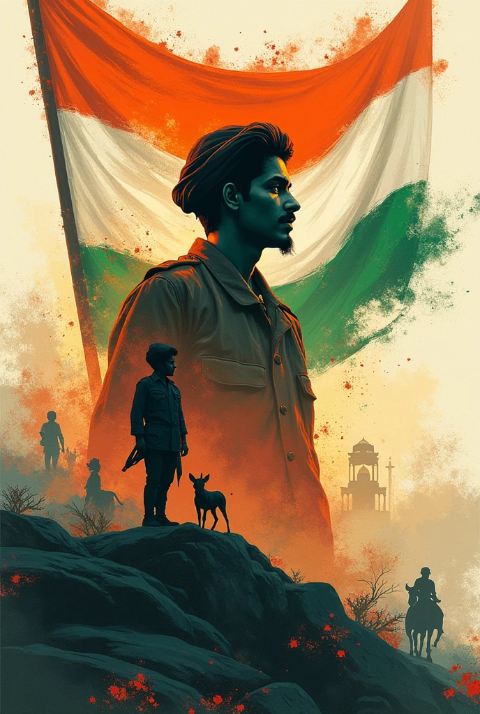 Create a images of india independence day which consist a tri color flag and india map and bhagat sing