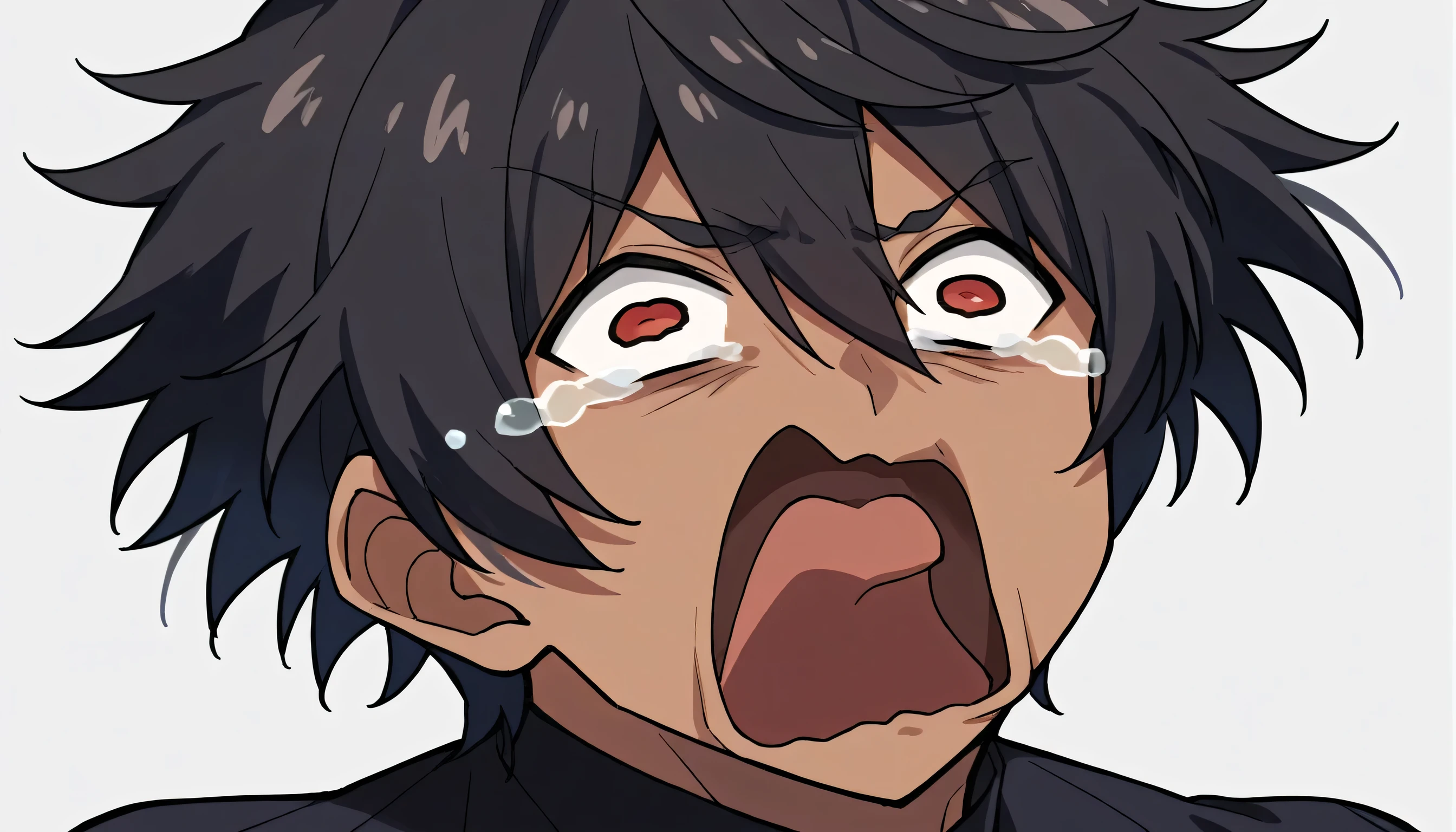 score_9, score_6_up, source_anime, 1man, solo, upper body, aquascreaming, screaming, open mouth, crying with eyes open, (black skin man), dark brown eyes, black hair, kurze hair, Male Fashion, (((right eye flap, red eye flap,))), background green