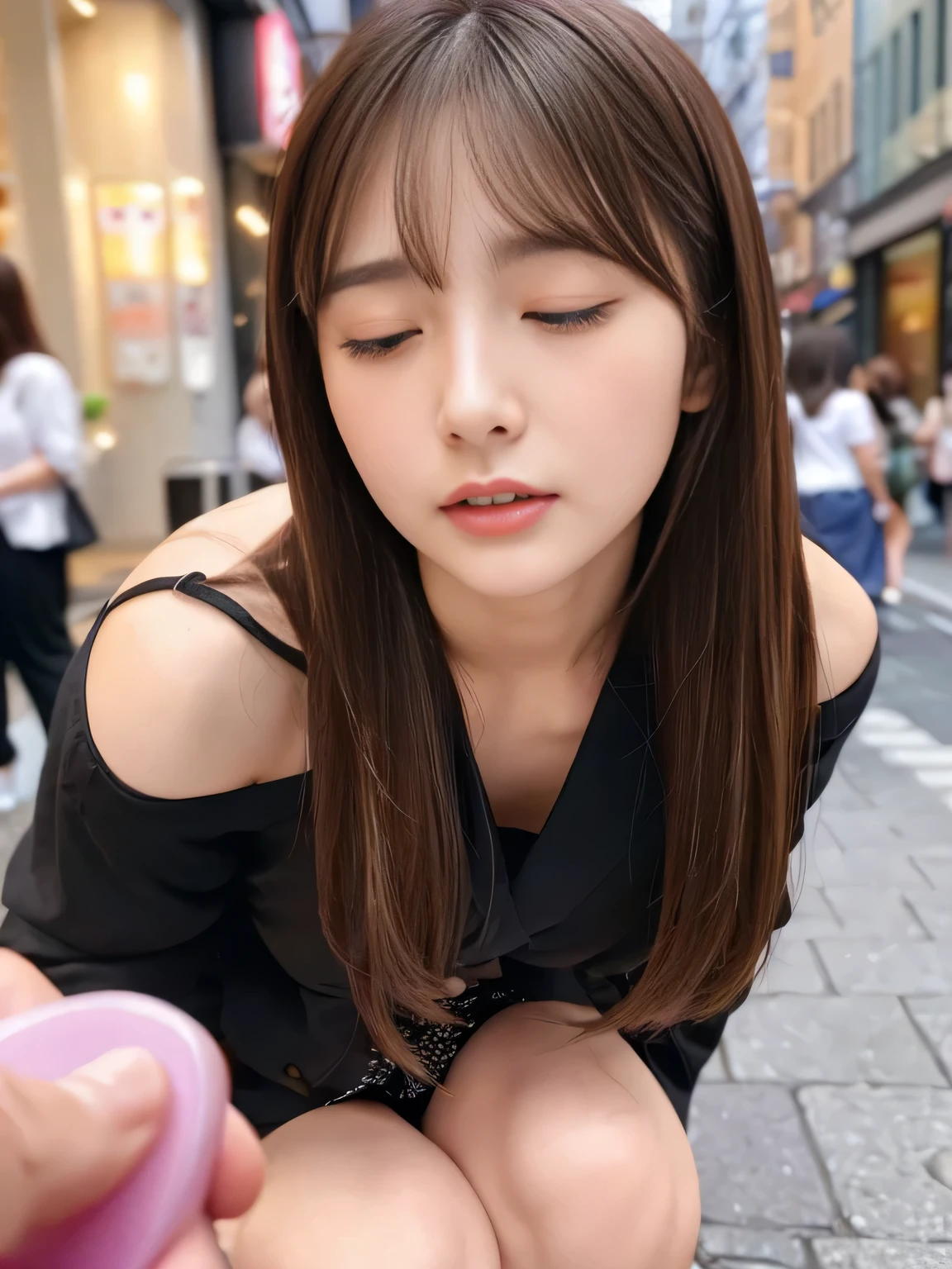 Vibrator prank in public,Women in public,She leaned forward.,(She closes her eyes),she yawns,Hand holding a pink remote control outside the frame,She wants me to stop using the vibrator,She puts her hand on her crotch,She is wearing a black suit、Many people around、crowd、Fluffy medium hair、Pure erotic face、(Masseter muscle area:1.3)、(8k、Photorealistic、RAW Photos、Highest quality: 1.4)、(One Girl)、Very beautiful face、Very beautiful face、Very beautiful face、(Very realistic face)、(Brown hair、Fluffy medium hair:1.3)、Very beautiful hairstyles、Very realistic eyes、Very beautiful details、(Extremely realistic skin)、Very beautiful skin、Absurd、Very attractive、Ultra-high resolution、Surreal、High definition、Golden Ratio、Golden Ratio、Golden Ratio、beauty、beauty、beauty。