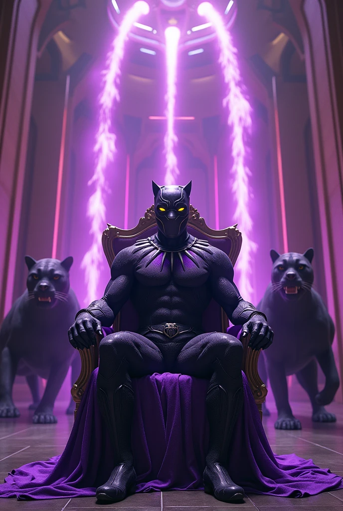 Black Panther sitting on the throne of Wakanda with the vibranium full uniform in violate colour, black Panthers in background with throwing water from mouth in violate colour 
16:10 image aspect ratio