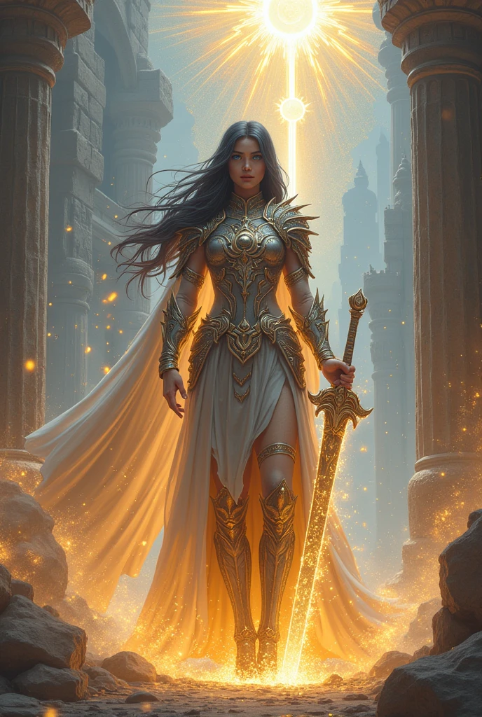 (((masterpiece, of the highest quality, 8k)))Full-body photo of a fearless paladin with unparalleled beauty,(perfect face:0.8) with long, dark hair and striking blue eyes. She wears intricately designed dragon armor that glows with a mystical aura.. Her armor is adorned with dragon scales and ornate patterns., giving her an imposing and elegant appearance. In his hand, she wields a magnificent sword, the blade shining with divine light, engraved with runes of power. She stands in a majestic, heavenly landscape, with radiant light filtering through the clouds, casting a sacred glow upon her. The ground beneath her is a mixture of ancient stones and sacred symbols., glowing softly as if infused with sacred energy. Surrounding her are Ethereal figures in shades of gold and white, Her presence adds to the divine ambiance.. The background features imposing, ancient ruins and magnificent, structures that reach for the sky, hinting at a great, celestial fortress. The scene is inspiring and powerful, with her face showing a serene yet determined expression, her eyes fixed on her noble mission. [Best Quality], [masterpiece], [ultra detailed], [4k], {inspiring|majestic} atmosphere, heavenly landscape, {dynamic pose|noble posture}, radiant lighting, {soft shadows|divine illumination}, {ancient stones glowing:0.7}, {Ethereal figures:0.6}, {heavenly architecture:0.5}, {Imposing ruins:0.4}, {structures that reach for the sky:0.3}.