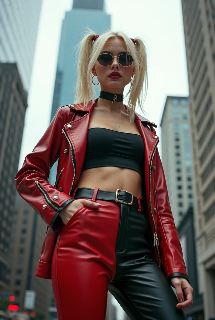Dressed as sexy and hornyHarley Quinn, 20-year-old In the gritty streets of 1990 Manhattan, a street-style photograph captures the essence of grunge fashion embodied by a woman standing confidently in front of a sleek silver high-rise building, exudes an air of nonchalant rebellion reminiscent of the era's fashion trends. vibes, vibrant, stunningly beautiful, crisp, detailed, sleek, high contrast, cinematic, ultra detailed, intricate, professional