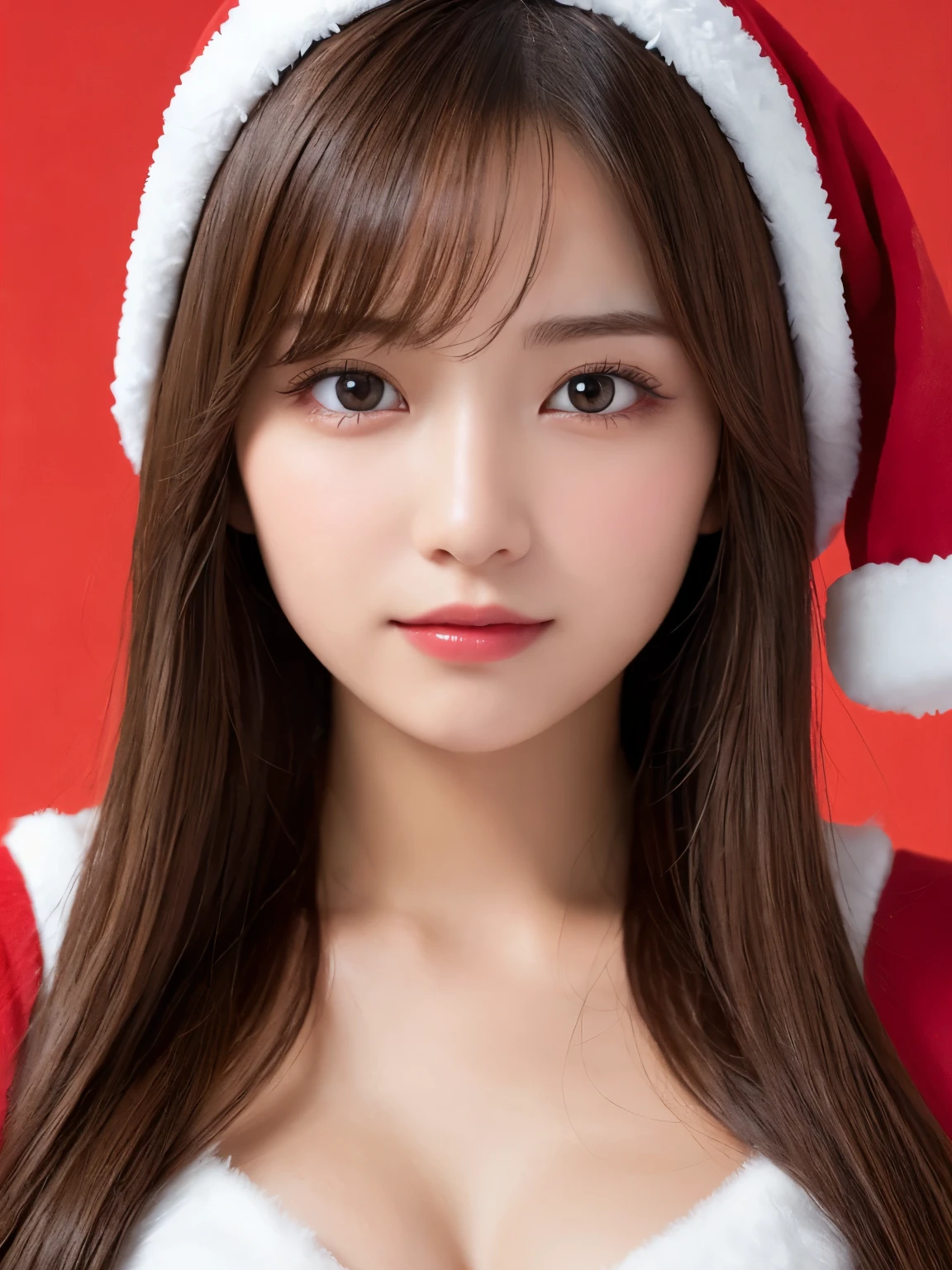 white background, half body portrait, bust shot, looks very happy, gentle smile, one girl, (a beauty girl, delicate girl:1.3), (20 years old:1.3), break, (dress up as Santa Claus), break, very fine eyes, (symmetrical eyes:1.3), break, E cup breasts, brown eyes, parted bangs, brown hair, (eyes and faces with detailed:1.0), break, (masterpiece, best quality, ultra detailed, detailed face, 8k)