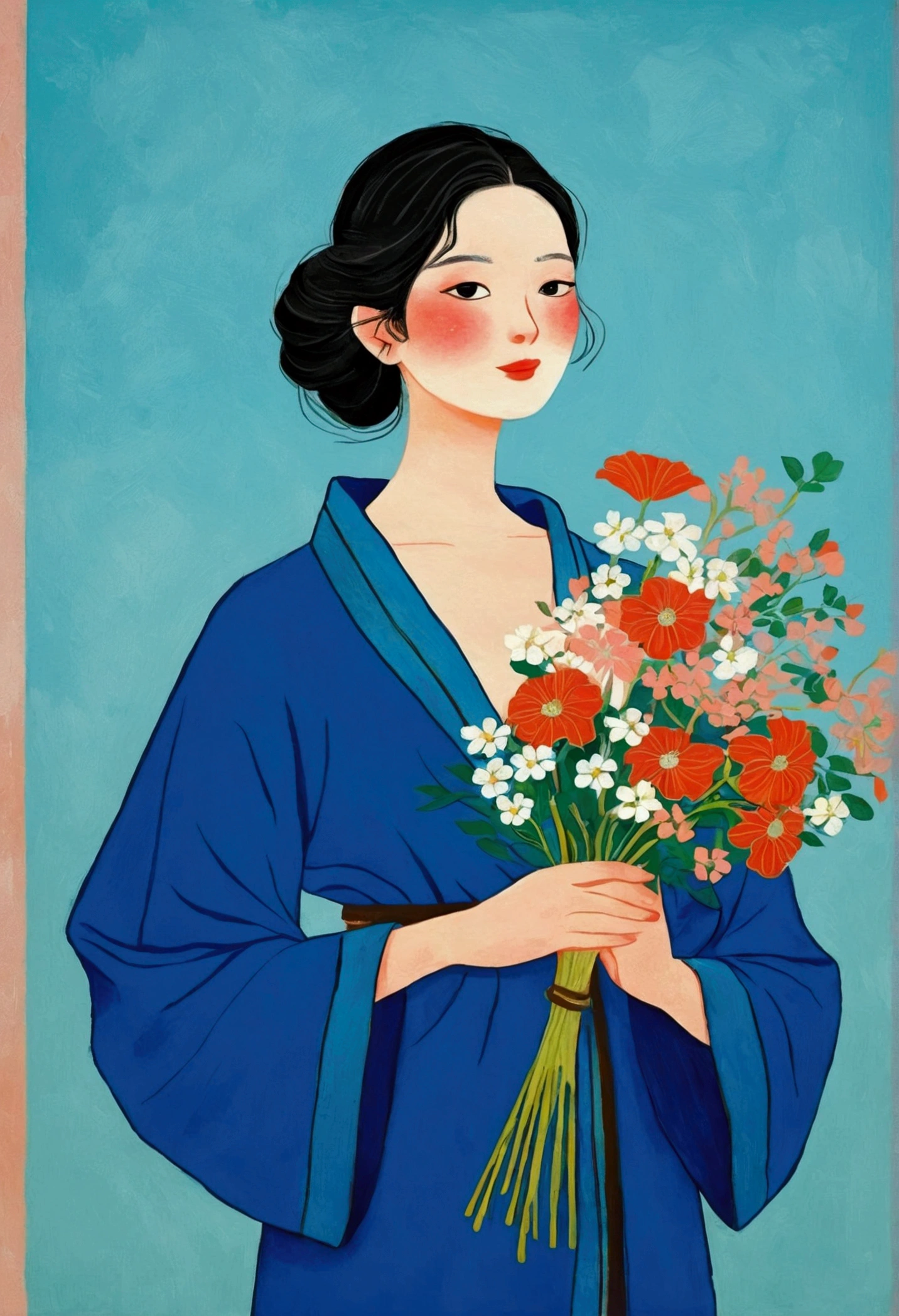 A painting,The painting shows an elegant woman holding a bouquet of flowers, Se Kin-Kong(Kose Kanaoka)Minimalism, Popular trends on pixabay, Cloisonnism,Holding flowers, With blue background, Bring flowers, Flowers grow from the body, Blue loose robe