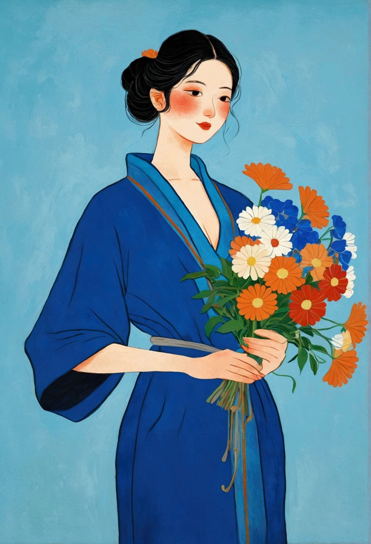 A painting，The painting shows an elegant woman holding a bouquet of flowers, Se Kin-Kong（Kose Kanaoka）Minimalism, Popular trends on pixabay, Cloisonnism,Holding flowers, With blue background, Bring flowers, Flowers grow from the body, Blue loose robe