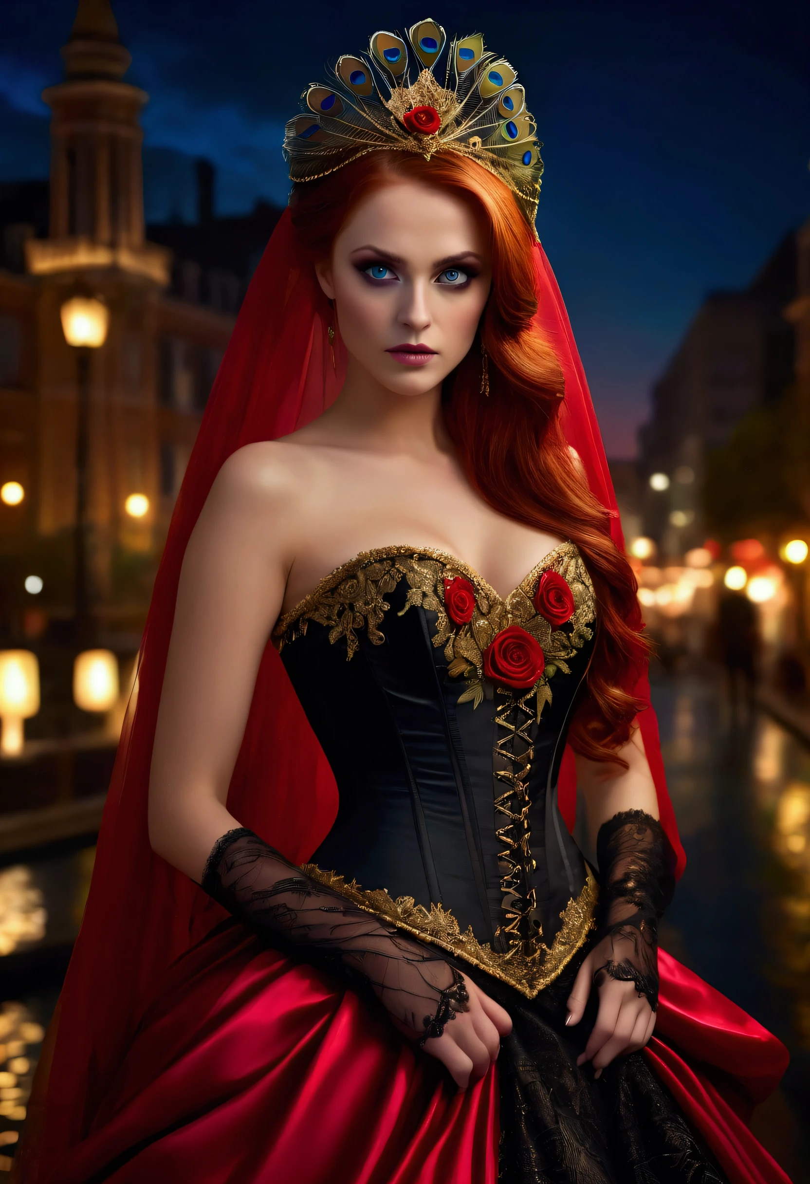 Twilight lady, beautiful and mysterious woman, a work of art of beauty, realistic and sharp focus, wearing elegant peacock costume clothes. Professionally retouched, soft lighting, realistic and smooth face, perfect eyes, sharp focus on eyes, 8k, high definition, incredibly detailed, complex, elegant. on a night city background, long red hair, striking face, expressive and crystal clear amber eyes, black floral tulle veil with gold embroidered edges, bright red satin corset, detailed and intricate, draped black skirt, light fabric, with small red roses on the waist, night background. Full HD.
