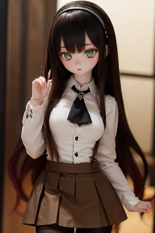 (SFW:2), photorealistic, realistic photo, 8k, ((highest quality)), ((masterpiece)), (extremely detailed), kukolnydom, doll, (mature woman, 21yo, 21 years old, solo:1.6), ((cowboy shot, contrapposto, slim, slender, skinny, medium breasts, hairband, ascot, dress shirt, long puff sleeves, pleated skirt, black pantyhose)), (green eyes, brown hair, long hair, plastic skin, looking at another, glass eyes, gradient eyes, shining eyes, detailed eyes:1.3)