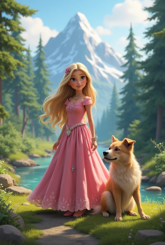 A beautiful and realistic princess, 6 years old, wearing a long pink dress and blonde hair, accompanied by a beige dog., in a forest with rivers and mountains.