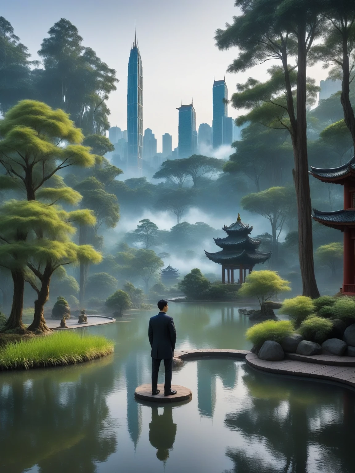 arafed man in a suit standing in front of a pond with trees and buildings in the background, with a park in the background, with a city in the background, inspired by Cheng Jiasui, mid shot portrait, in front of a forest background, damien tran, avatar image, smooth in _ the background, full protrait, christopher cao