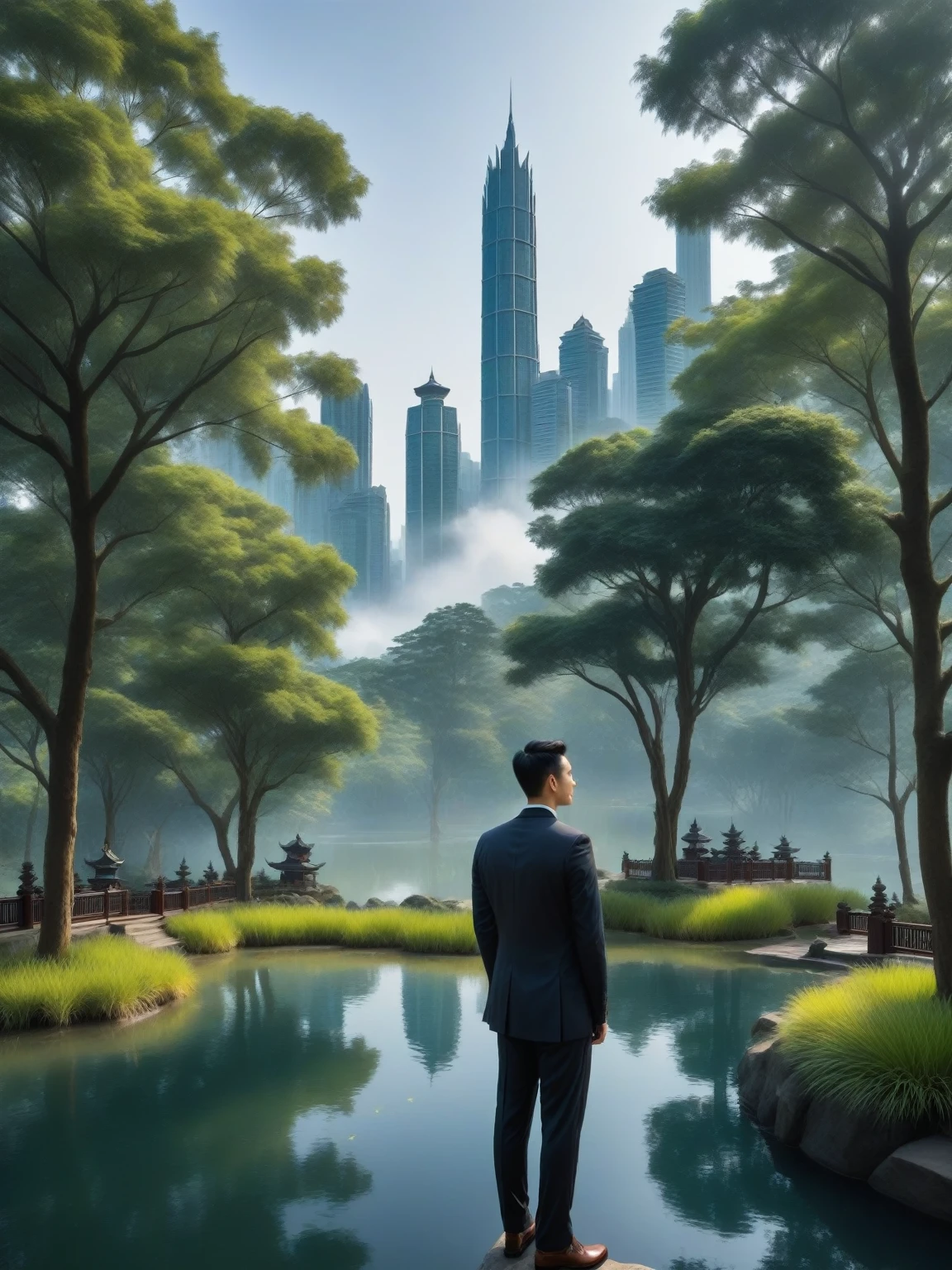 arafed man in a suit standing in front of a pond with trees and buildings in the background, with a park in the background, with a city in the background, inspired by Cheng Jiasui, mid shot portrait, in front of a forest background, damien tran, avatar image, smooth in _ the background, full protrait, christopher cao
