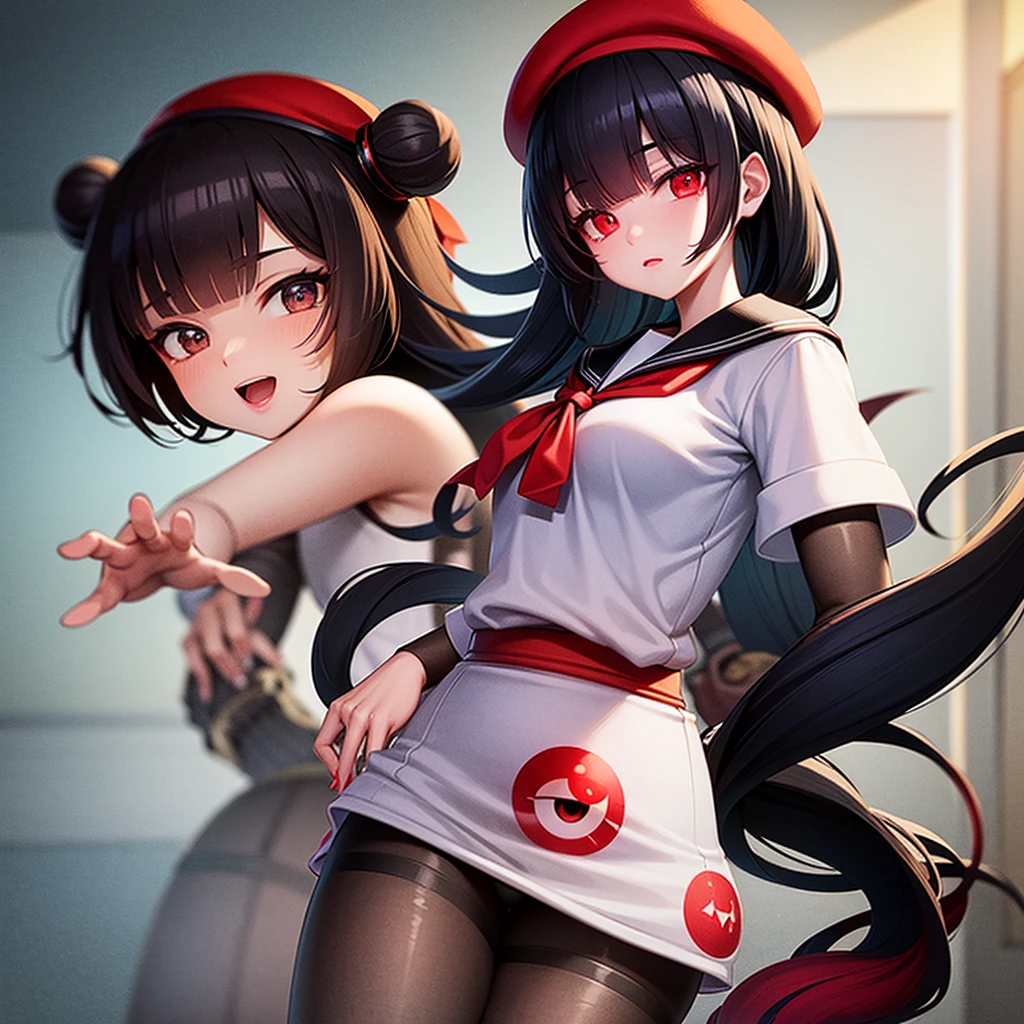 work of art,offcial art,8k, work of art, best qualityer, highy detailed, Japanese school girl with half cyborg face with red eyes ,beret with demon eye,black hair with red streaks .