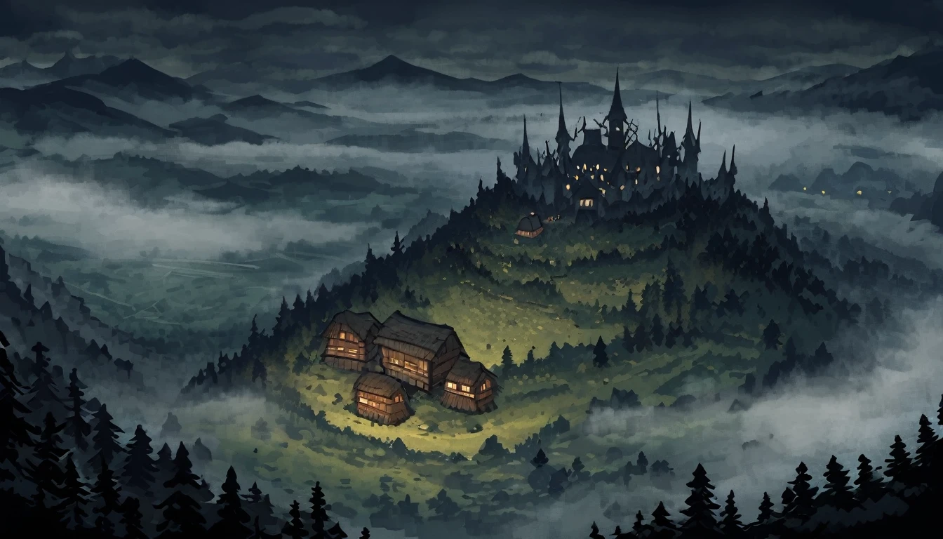 view from above, the forest, A meadow, small village, wooden dilapidated houses, in the distance beyond the village there is a mountain, There is a castle on the mountain, night, fog, cloudy sky, dark, ominous atmosphere, gothic castle on a mountain