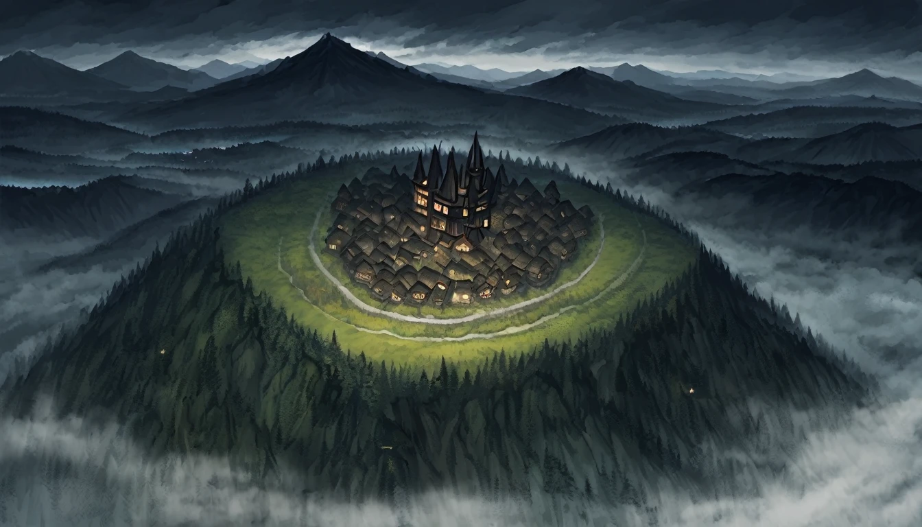 view from above, the forest, A meadow, small village, wooden dilapidated houses, in the distance beyond the village there is a mountain, There is a castle on the mountain, night, fog, cloudy sky, dark, ominous atmosphere, gothic castle on a mountain