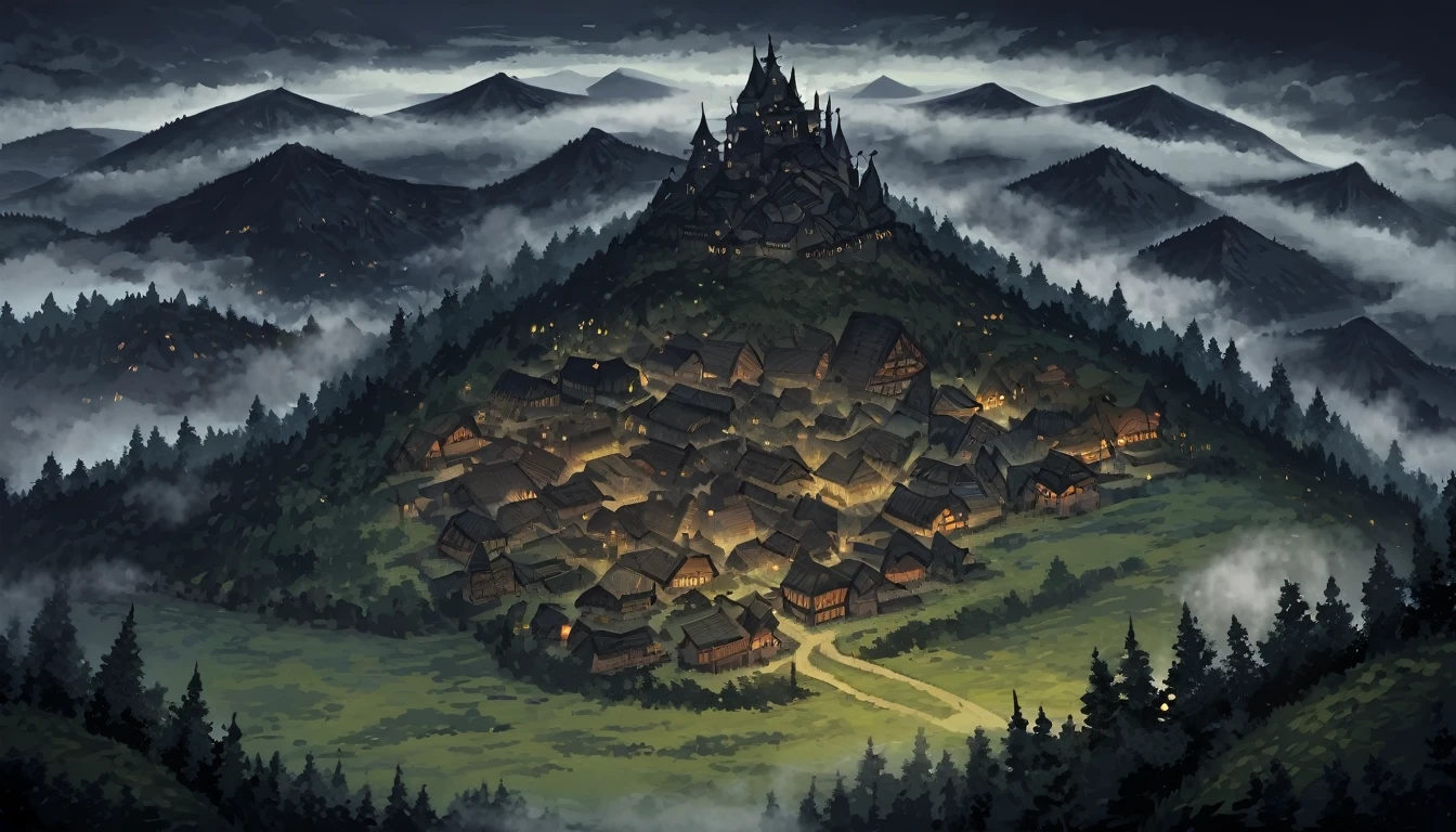 view from above, the forest, A meadow, small village, wooden dilapidated houses, in the distance beyond the village there is a mountain, There is a castle on the mountain, night, fog, cloudy sky, dark, ominous atmosphere, gothic castle on a mountain