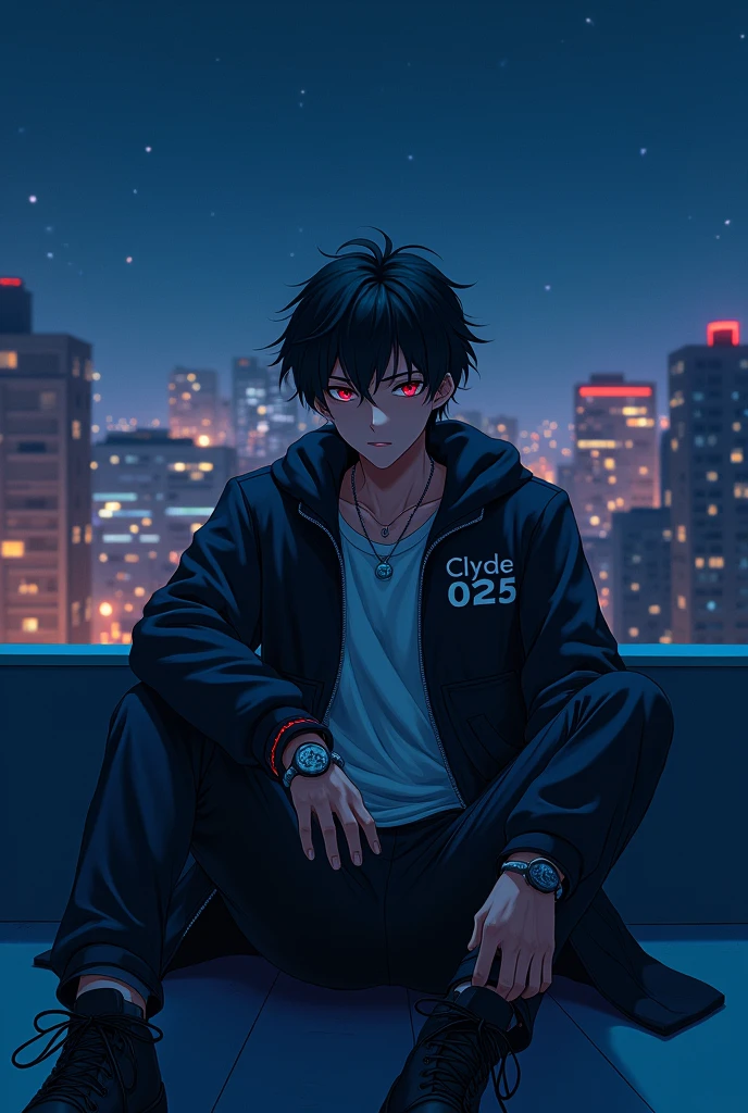 Cool anime Boy Chilling in the night rooftop with a jacket name Clyde025