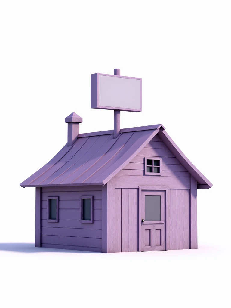 At the center of the image, there is a rustic lilac house with a sign on top of the roof. PNG image. White background.