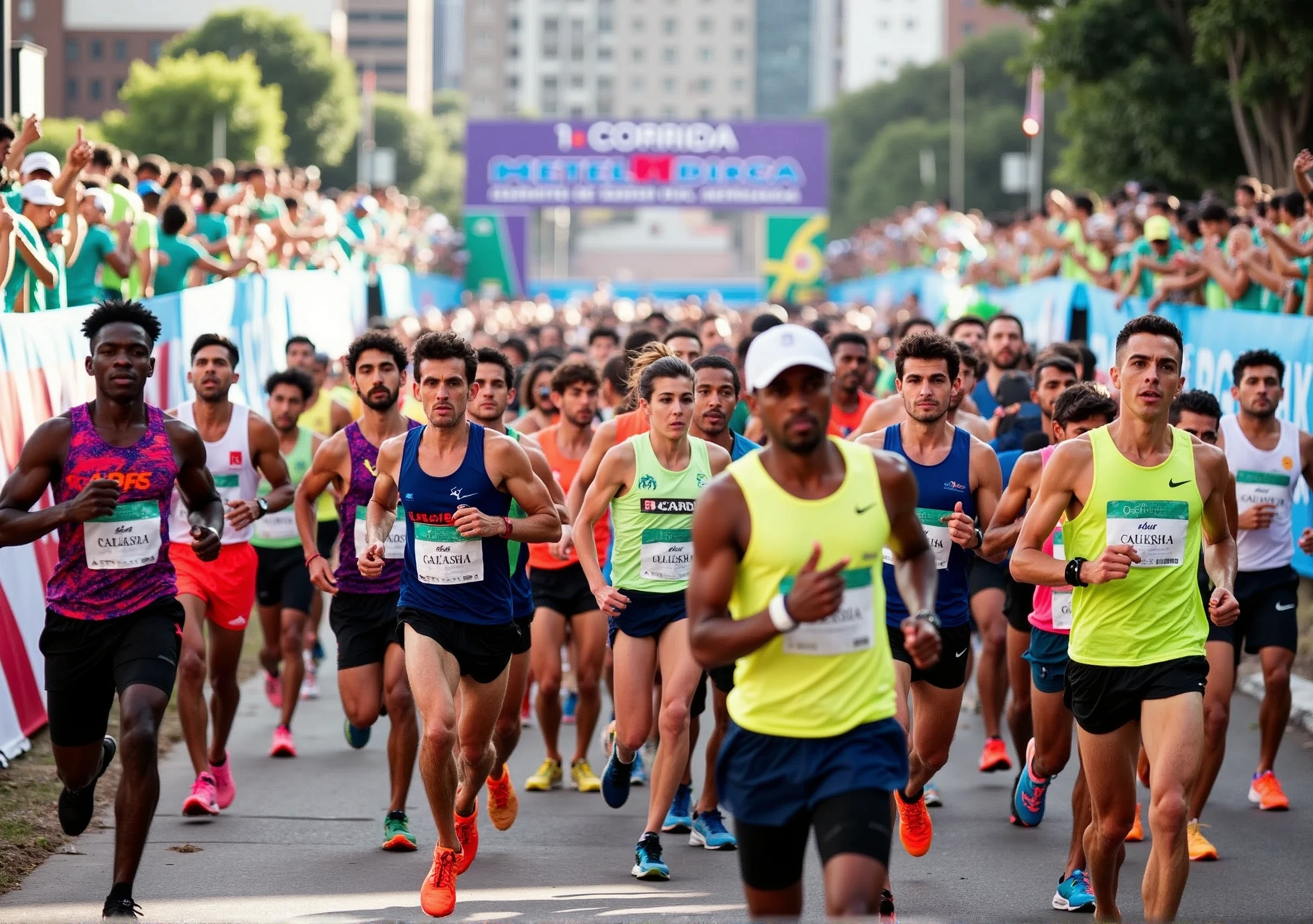 A high-quality photo of a large group of Brazilian people running in a marathon during the daytime. The runners, wearing a variety of colorful athletic gear, are in mid-stride, with expressions of focus and determination. sunlight dapples the ground, creating dynamic shadows. The scene is lively with spectators cheering from the sidelines, and the overall atmosphere is energetic and celebratory. Text written on banner "1ª Corrida Metelurgica"