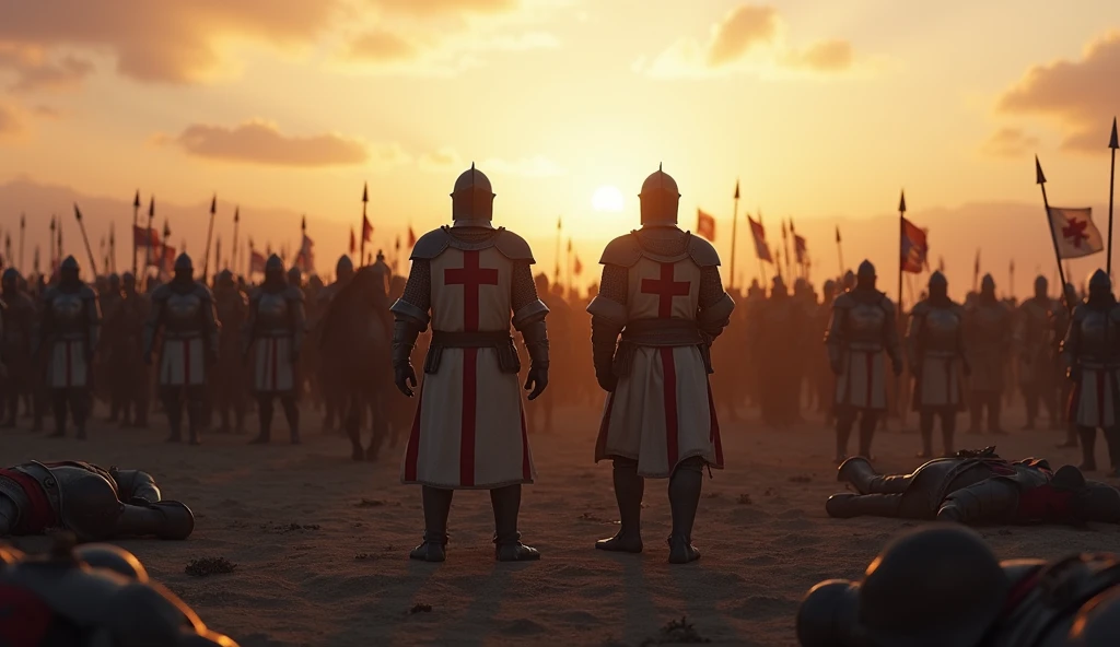 A highly realistic, high-contrast, 8K HD, detailed, hyper-detailed image of Crusader knights standing on a battlefield at dawn. The first light of day casts a soft glow over the scene, illuminating the steel armor and red crosses on their tunics. Fallen soldiers lie at their feet, a stark reminder of the battle's heavy toll. The knights stand silently, their expressions solemn as they reflect on the cost of victory and the fate of their brothers in arms. The atmosphere is somber and reflective, capturing the weight of their loss amidst the dawn of a new day. The image is of the highest quality, with ultra-high resolution, RAW photo quality, and Unreal Engine rendering, portraying the Crusaders' deep sense of honor and the bittersweet nature of their triumph.