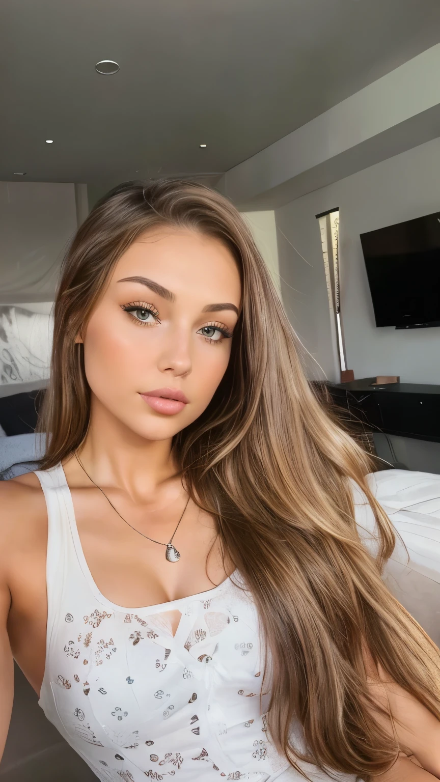 arafed woman with a white tank top and a necklace, sexy girl with green eyes, portrait sophie mudd, brown hair and large eyes, selfie of a young woman, bedroom eyes, violet myers, without makeup, natural makeup, looking directly at the camera, face with artgram, subtle makeup, stunning full body shot, piercing green eyes, beautiful angle, attractive pose, cute girl, sexy pose, full body picture, full body, full body shoot, brunette goddess, high detail, satisfied pose, leather pants