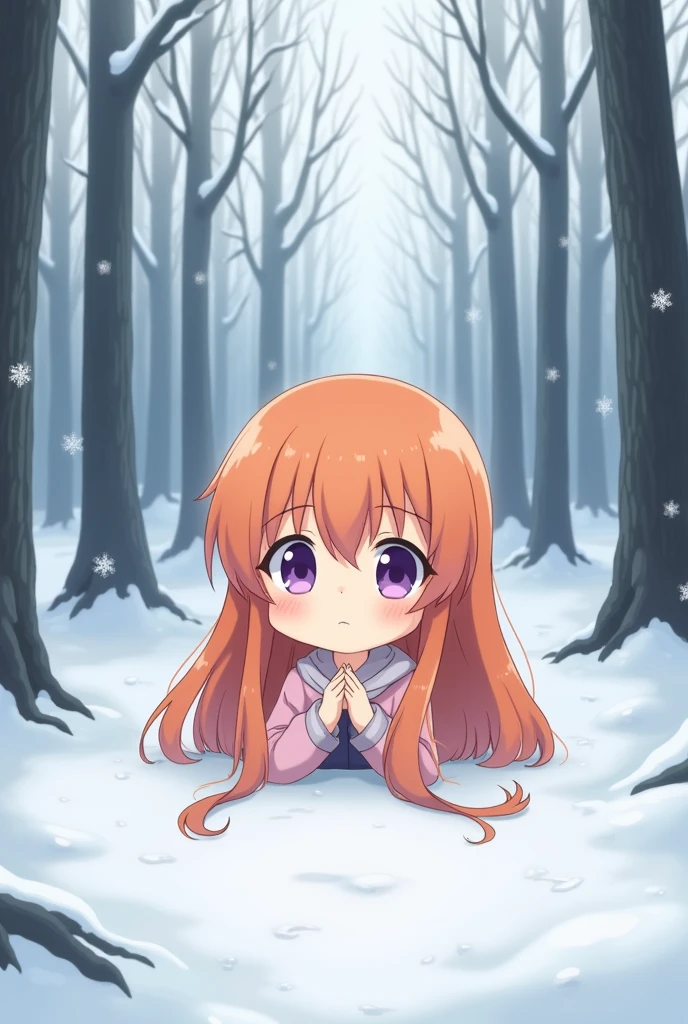 anime, Long hair, orange hair, small stature, purple eyes, snowy forest background