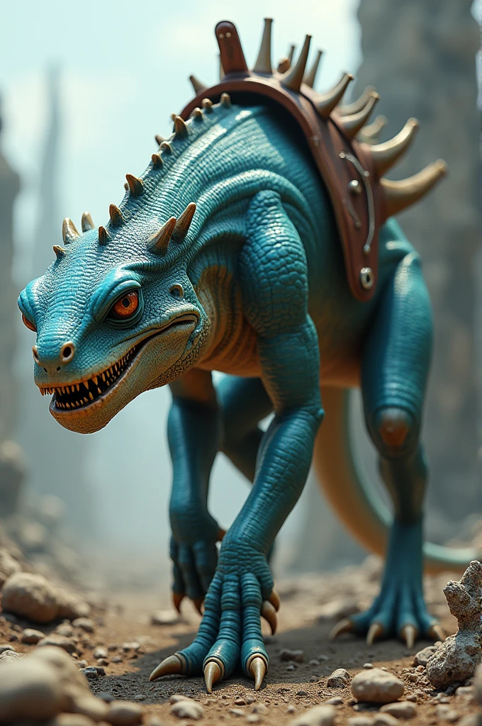En photo réalisme. in profile. Dans l'univers du jeu vidéo  Fallout 3. A hybrid between a chameleon and a flayer. It's a mount. Il marche à quattre pattes et a une belle selle sur le dos mais pas de cavalier. he is two meters tall.  He has long claws. Il est rapide et agille mais a de large épaules et des bras musclés.
It has the eyes and snout of a chameleon and the body of a flayer, des dents pointues mais reste très mignon. 
The color of its scales is reminiscent of lapis lazuli. It is very beautiful. 
Maintenant je veux la version adulte.   et plus mignon