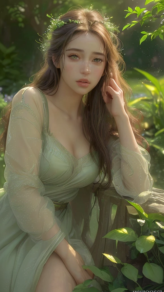 a beautiful 20 year old girl, detailed face, gorgeous eyes, full lips, long eyelashes, detailed skin, photorealistic, natural lighting, serene expression, sensual pose, outdoor garden, lush greenery, detailed foliage, golden hour lighting, cinematic composition, muted color palette, (best quality,4k,8k,highres,masterpiece:1.2),ultra-detailed,(realistic,photorealistic,photo-realistic:1.37)