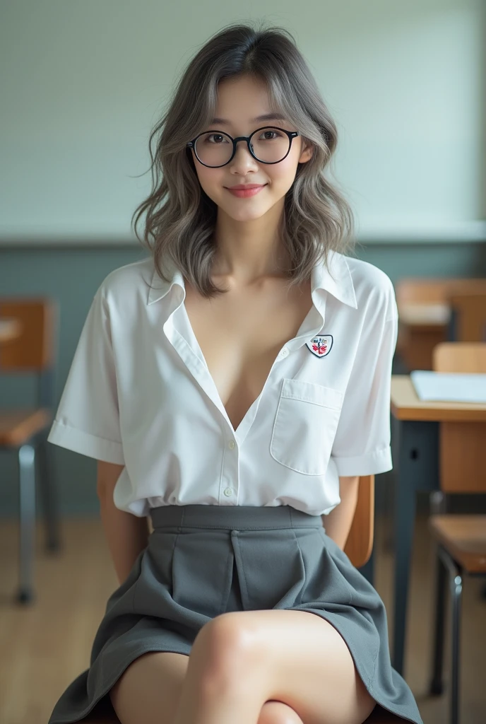 8k, masterpiece, Ultra HD, Intricately detailed, RAW Photos, Very detailed, RAW Photos, Highest quality, Beautiful girl, 18 years, smile, Wearing uniform, white open shirt with school badge, Cleavage, Small breasts, ((Grey mini skirt:1.3)), Black round glasses, ((Sitting Front view:1.5)), ((Spread your legs:1.4)), (sitting on a chair in the classroom:1.5), Front view:1.5, Blurred Background, Depth of written boundary, (Lift your skirt yourself, show my White panties:1.1), Half Body Shot, photo taken closer, Barefoot, The body is slim, Thin legs, slim and muscular body, Small breasts, Wavy Hair, grayish brown hair color, ((Front view:1.5)),White panties,Soft Front Light,1 girl ,alone,beauty,One person