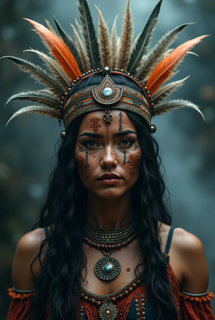 She put on makeup on her face　and put a hair ornament on her head　Shaman