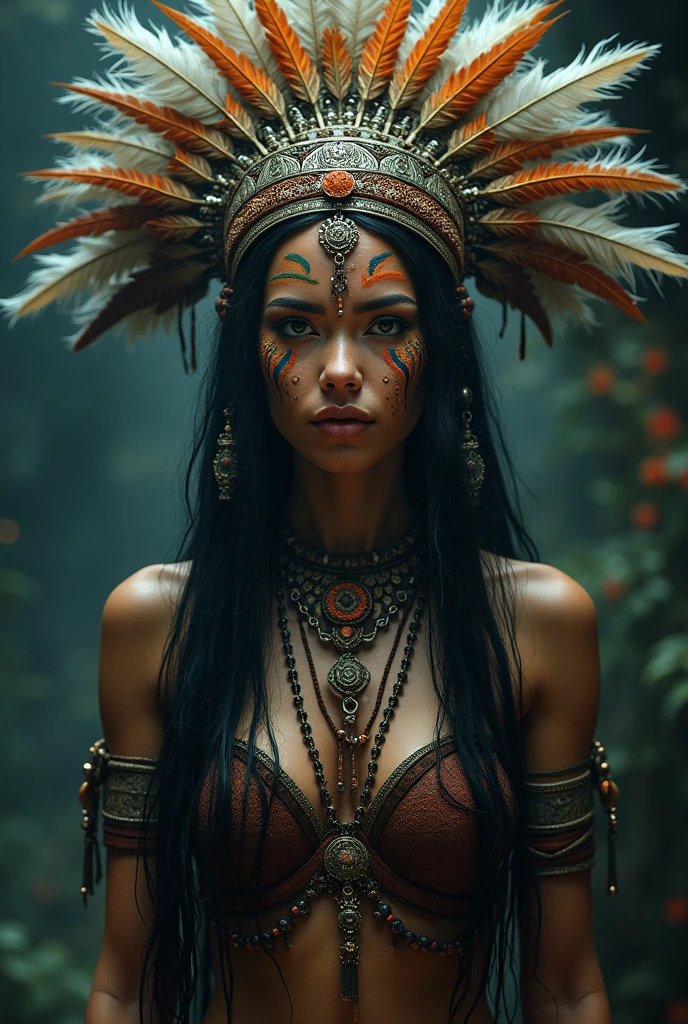 She put on makeup on her face　and put a hair ornament on her head　Shaman