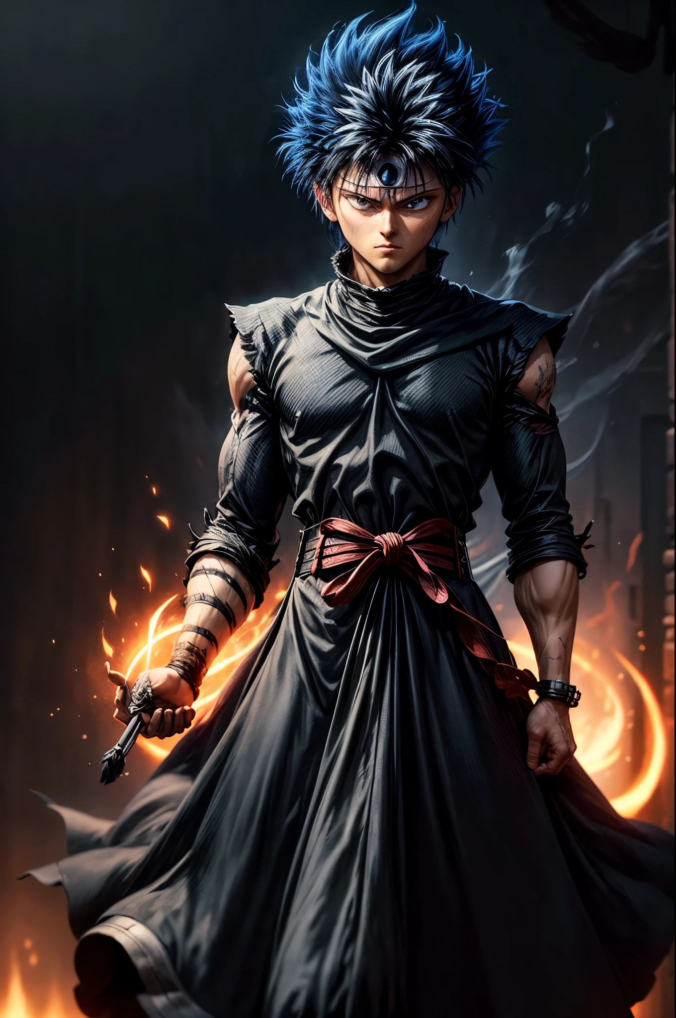 masterpiece, best quality, extremely detailed CG unity 8k wallpaper, One person, Black Hair,  Gray Hair, Spiked Hair, Red eyes, Third Eye, Upper Body, No sleeve, Torn clothes, sketch, alone, Simple Background, Black Dragon Flame effect, disaster々Flow of fresh air, bokeh photography, (soft focus):1.2, out-of-focus highlights, dreamy ambiance, glowing circles, mesmerizing depth, Depth of written boundary, Black Dragon