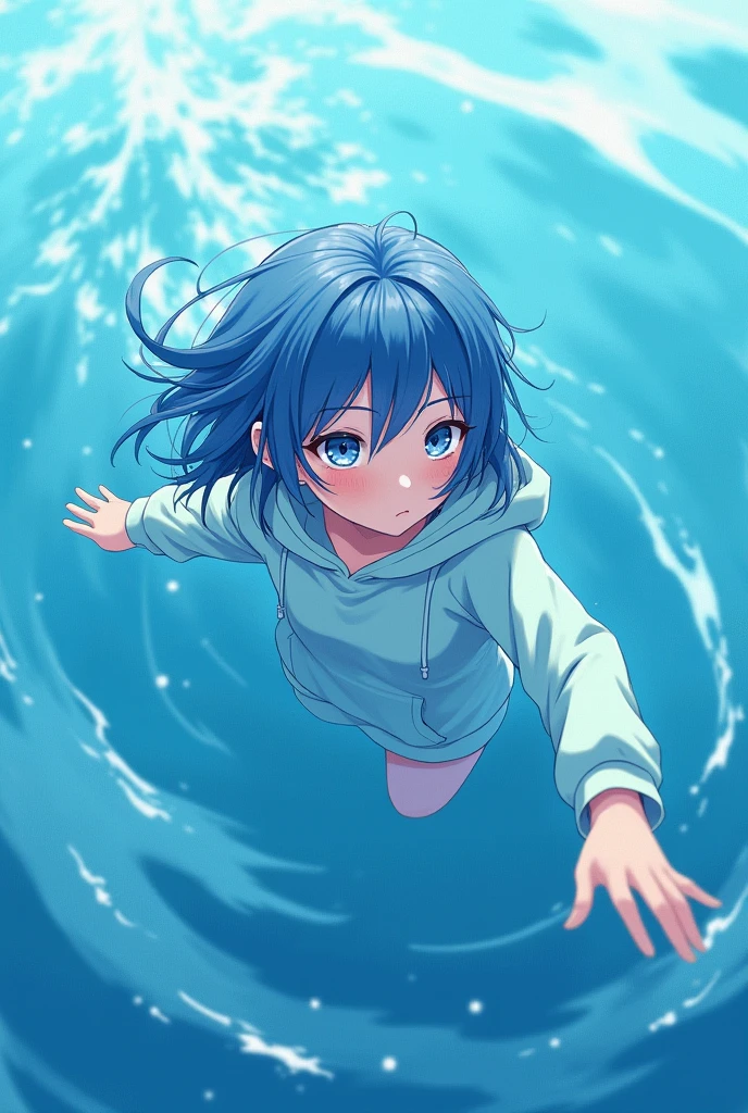 Combat Uniform ((Highest quality)) ((masterpiece)) Perfect Face Blue Hair Short Hair Odd Eye An illustration Wearing a light blue hoodie One person In the sea Swimming neutral Hair fluttering Highest quality middle School girls Her hair is fluttering In the water whole body