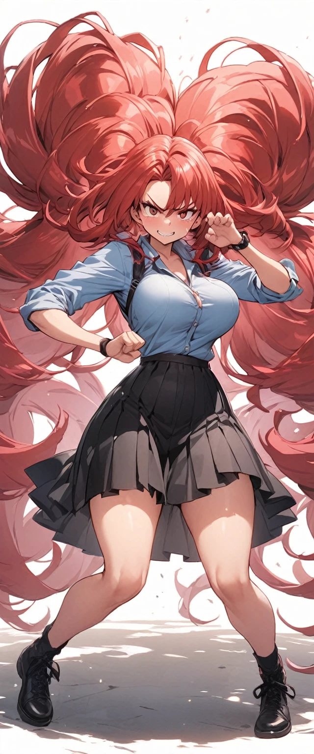Glamour、fighting pose, huge hair、Full body pose、Battle stance、casual clothes、glamorous, they look angry、 preparing for Battle、large Breasts、Breasts that change shape when pressed、Your breasts are too big、A shy smile、casual clothes、、Pleated skirt、Their fists ARE ALL bloody、Large breasts、huge Hair, battle pose, focused expression、The eyes are so big and beautiful、
