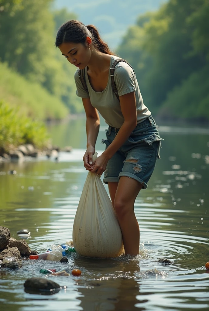 A woman holding a trash bag while she is cleaning the river