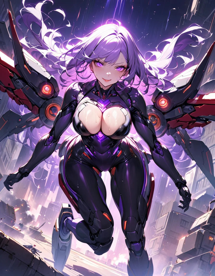 A young and beautiful person,(Highest quality,Extremely detailed depiction,Incredibly absurd high resolution,Anatomically accurate depiction,Curvy Legs),(Glowing Skin),(Futuristic body suit:1.3,Futuristic exoskeleton,Mechanical Wings,Mechanical thrusters,A giant bunker buster:1.3),eyelash,(Luminous purple eyes,There is cleavage in the chest,Wicked Smile,Glossy Red Lips,Sweat,Assume a fighting stance),whole body,My hair is blowing in the wind,(background:In town),