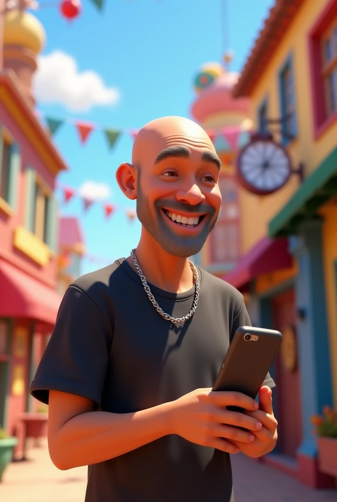 Pixar-inspired 3D poster capturing a scene with a 36-year-old bald man, light tan, wearing a black t-shirt and a thin silver chain, he is happy with a phone in his hand