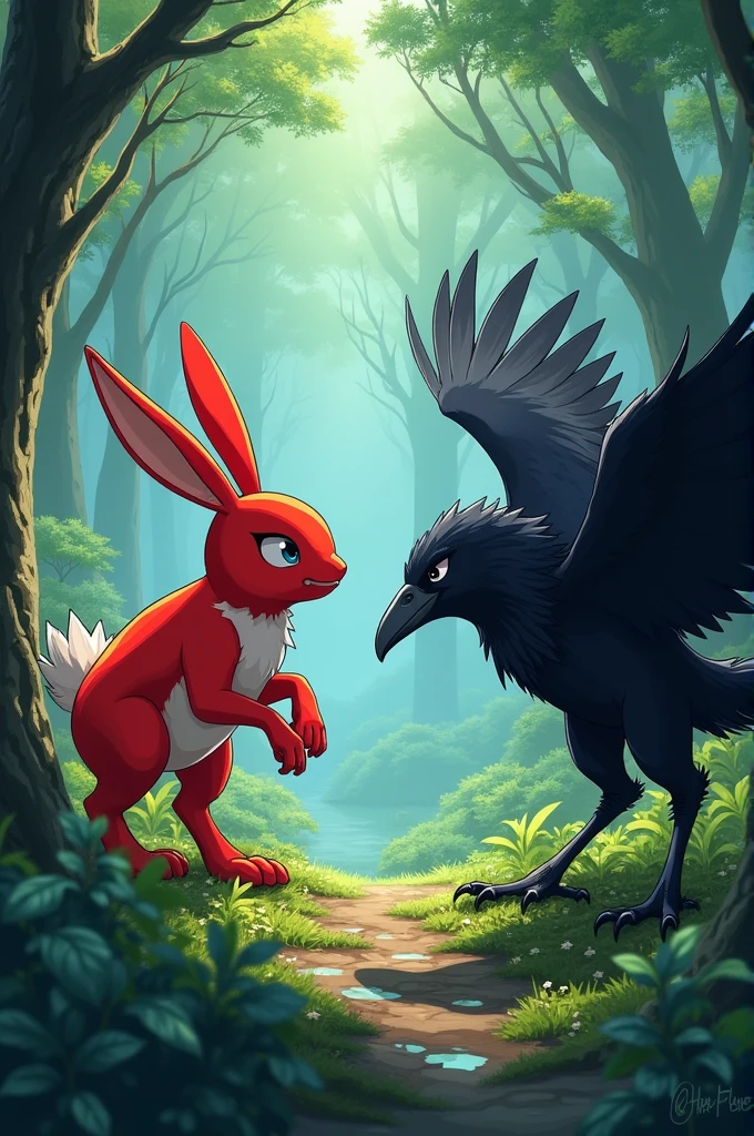 A red rabbit , anime version , in a battle against a black raven , In a forest