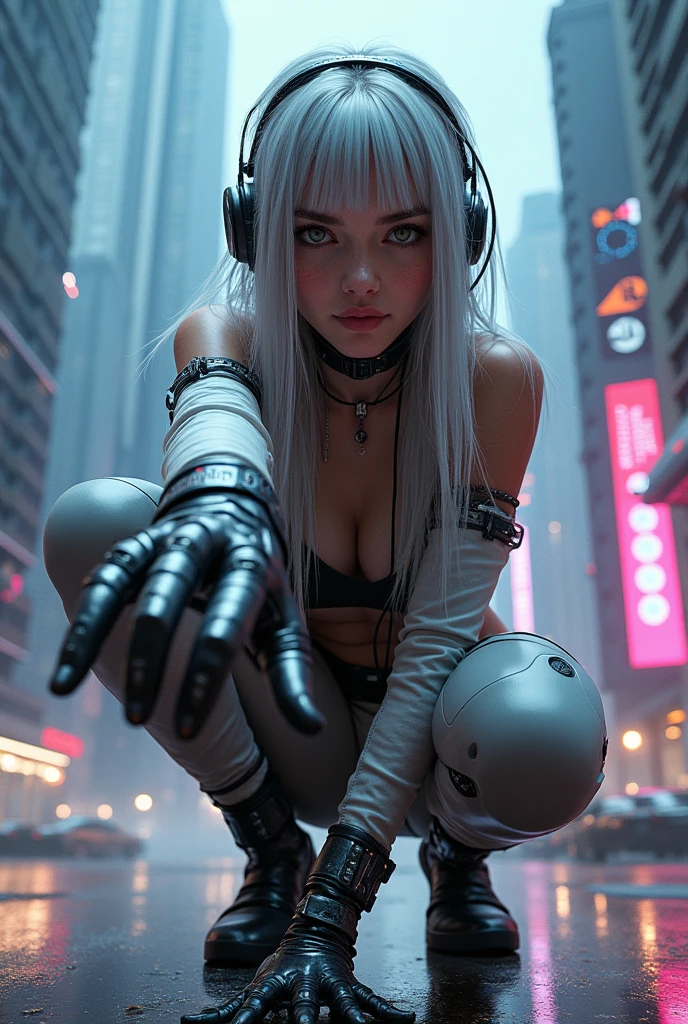 Cyberpunk worldview。a beautiful girl character。Your eyes are sparkling。Crouching down and looking up。Futuristic Cyberpunk City Background。Shiny retro material。Cyber Accessories。Digital headsets and gloves。Futuristic buildings。Vintage Cyberpunk。4K,Silver Hair。Holding out your hand。
