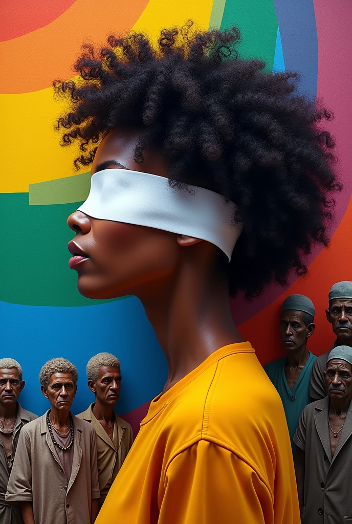 A Brazilian woman in profile with curly hair in lgbt colors in focus, with a white band covering the eyes, in the background on one side 20th century men in Brazil and on the other side LGBT people