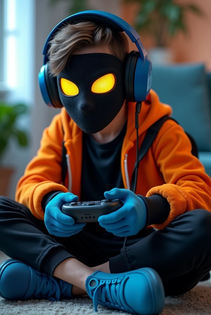 A teenage boy wearing a black shirt, black pants, blue shoes, an orange jacket, closed, and wearing blue shoes and a blue headset. He's wearing a black mask with yellow accents over his eyes and is playing Minecraft wearing a mask, not a face mask.
