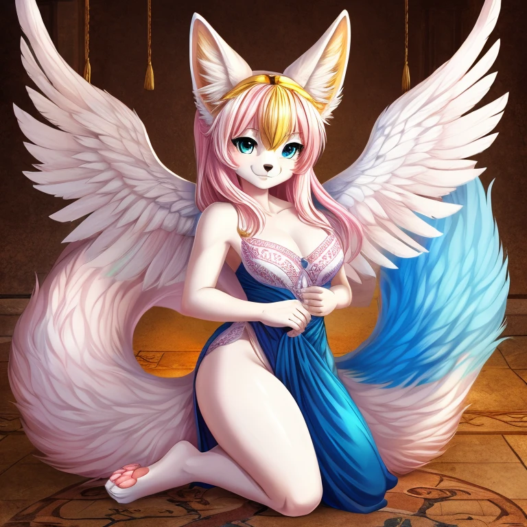 an anthropomorphic animal furry fox fennec fox ghost angel and kitsune, the color is all white a little yellow, the color of blue colored eyes is pink, baby female, jojos style, cute appearance, pink white yellow hair, ángel wings, big fur, ancient kitsune tattoo, fluffy paws,