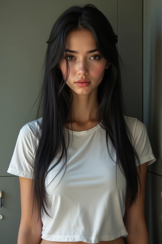 A strict Turkish girl with black and more straight hair,big brown eyes,thickest eyebrow,1.72 height,medium weight in a t shirt and shorts,with medium tits