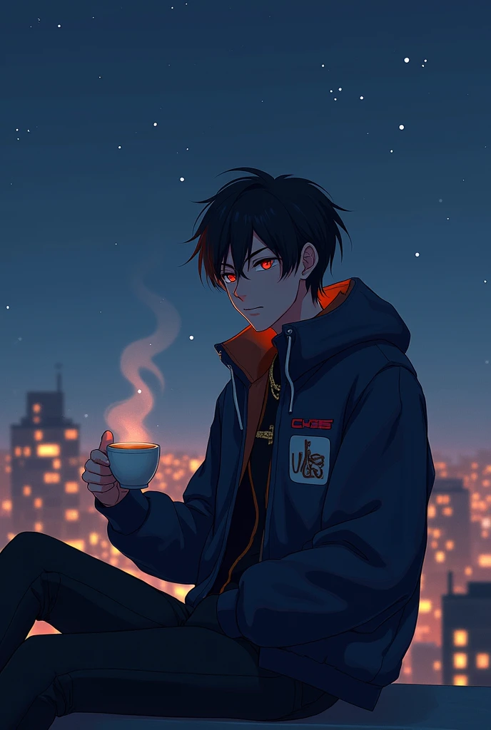 Cool anime Boy Chilling in the night rooftop with a jacket name Clyde025  while holding a cup of coffee 