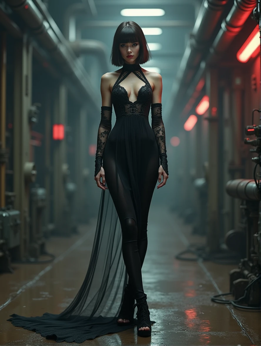 (Photorealism:1.2) woman, brunette, square hairstyle, Long legs, Beauty, dressed in a black long dress, Gothic dress, with a long train, high Victorian collar, gray eyes color, cyberpunk background, full height of a girl, inside an industrial building