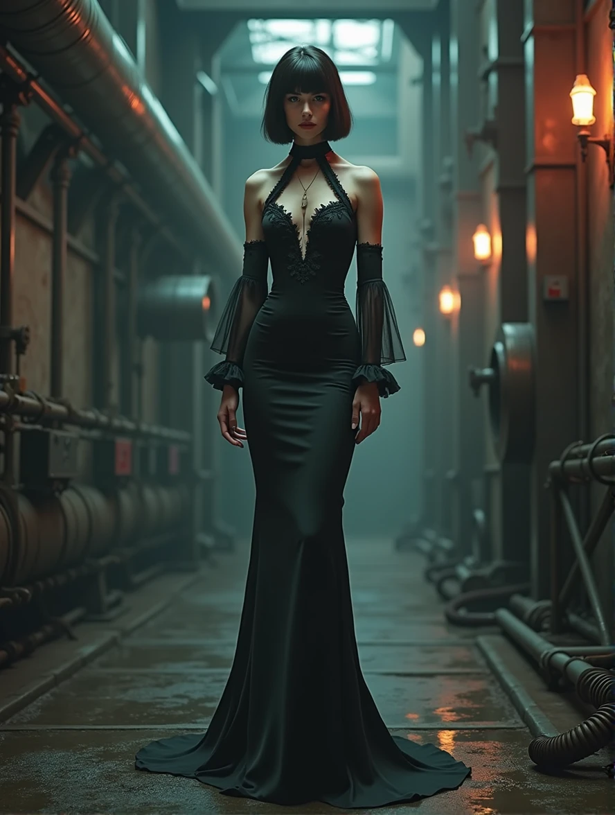 (Photorealism:1.2) woman, brunette, square hairstyle, Long legs, Beauty, dressed in a black long dress, Gothic dress, with a long train, high Victorian collar, gray eyes color, cyberpunk background, full height of a girl, inside an industrial building