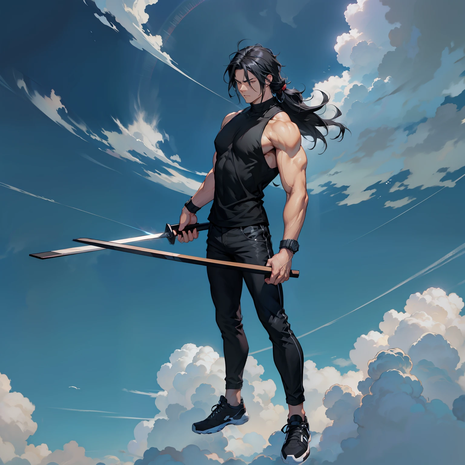 boys 26 Years old, Serious face, muscular, black hair, medium long hair, wearing black sleeveless shirt, black pants, black shoes, levitate on sky, blue sky, cloud