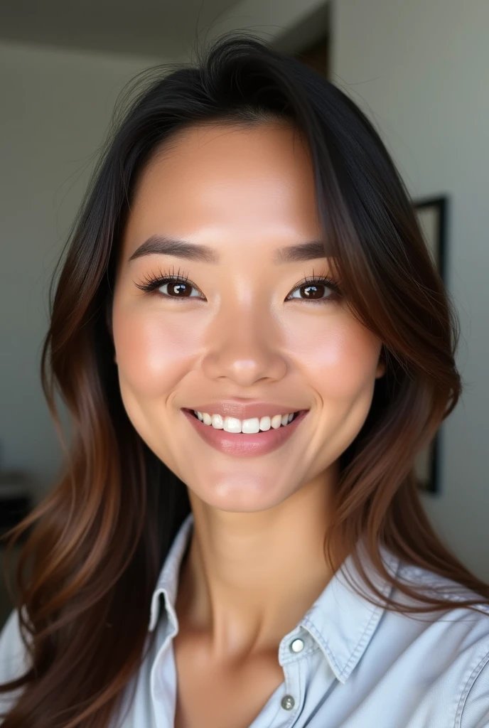 Create a realistic profile picture for a job site of a North American woman.
She should have a slight smile and no blur. The photo should be a selfie and the woman should not be smiling.