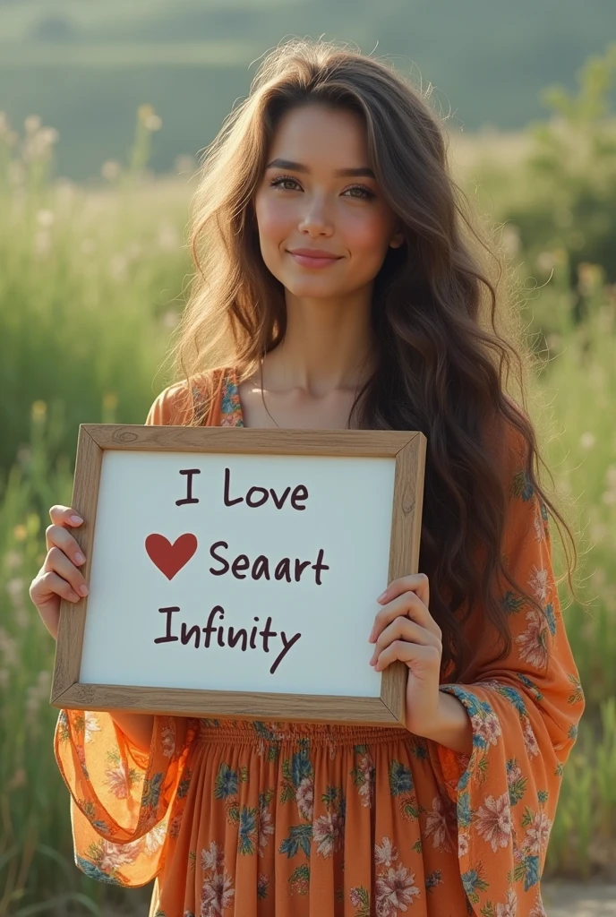 Beautiful girl with wavy long hair, bohemian dress, holding a white board with text "I Love Seaart Infinity" and showing it to the viewer