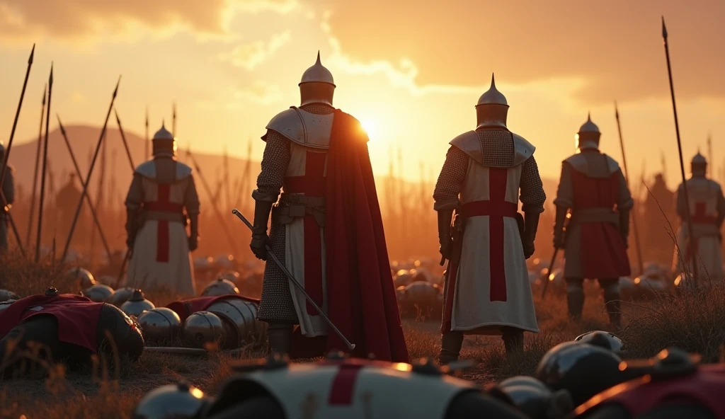 A highly realistic, high-contrast, 8K HD, detailed, hyper-detailed image of Crusader knights standing on a battlefield at dawn. The first light of day casts a soft glow over the scene, illuminating the steel armor and red crosses on their tunics. Fallen soldiers lie at their feet, a stark reminder of the battle's heavy toll. The knights stand silently, their expressions solemn as they reflect on the cost of victory and the fate of their brothers in arms. The atmosphere is somber and reflective, capturing the weight of their loss amidst the dawn of a new day. The image is of the highest quality, with ultra-high resolution, RAW photo quality, and Unreal Engine rendering, portraying the Crusaders' deep sense of honor and the bittersweet nature of their triumph.
