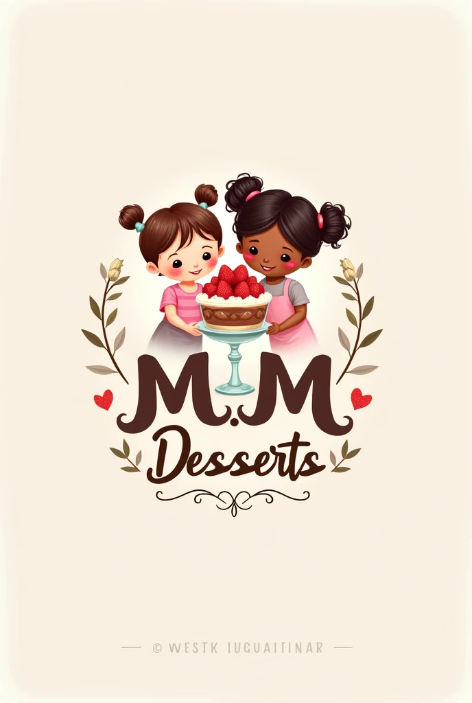 Create a design for a company logo called M.M desserts, with two dolls, a girl and a brown-skinned boy with curly hair, holding a beautiful dessert with strawberries in a jar